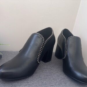 Midnight Velvet Black Leather Block Heel Pumps with Silver Stud Trim